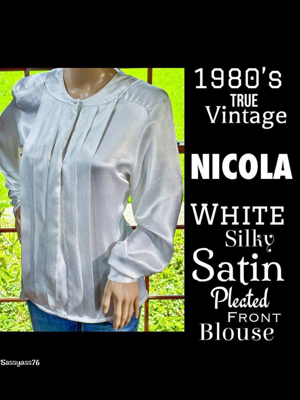 🆕VTG▪️NICOLA▪️1980's White Silky Satin Pleated Front Blouse